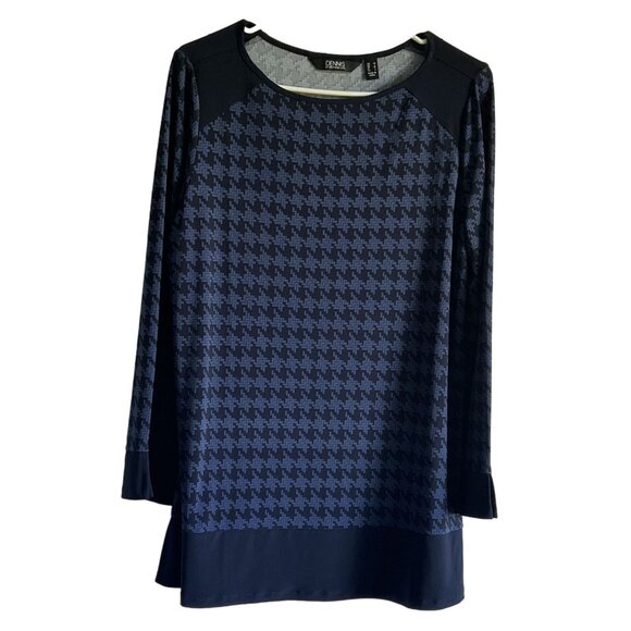 Dennis Basso Long Sleeve Blue Black Houndstooth Print Tunic Top M Artsy Chic - Picture 1 of 7